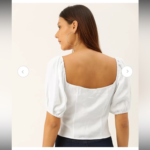 FOREVER 21 Women White Solid Puff Sleeved Top with Gathers - Picture 4 of 11